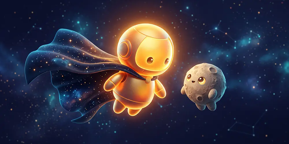 GPT-6.1 Sol : un petit robot lumineux comme un soleil, avec une cape étoilée, flotte à côté de Luna, robot à la surface lunaire